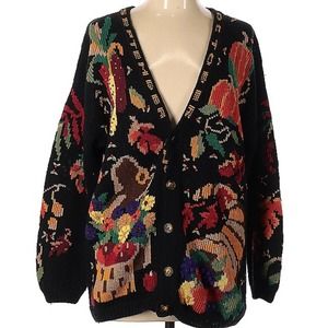 Design Options Thanksgiving Cardigan Black Turkey October Fall Colors Size Large